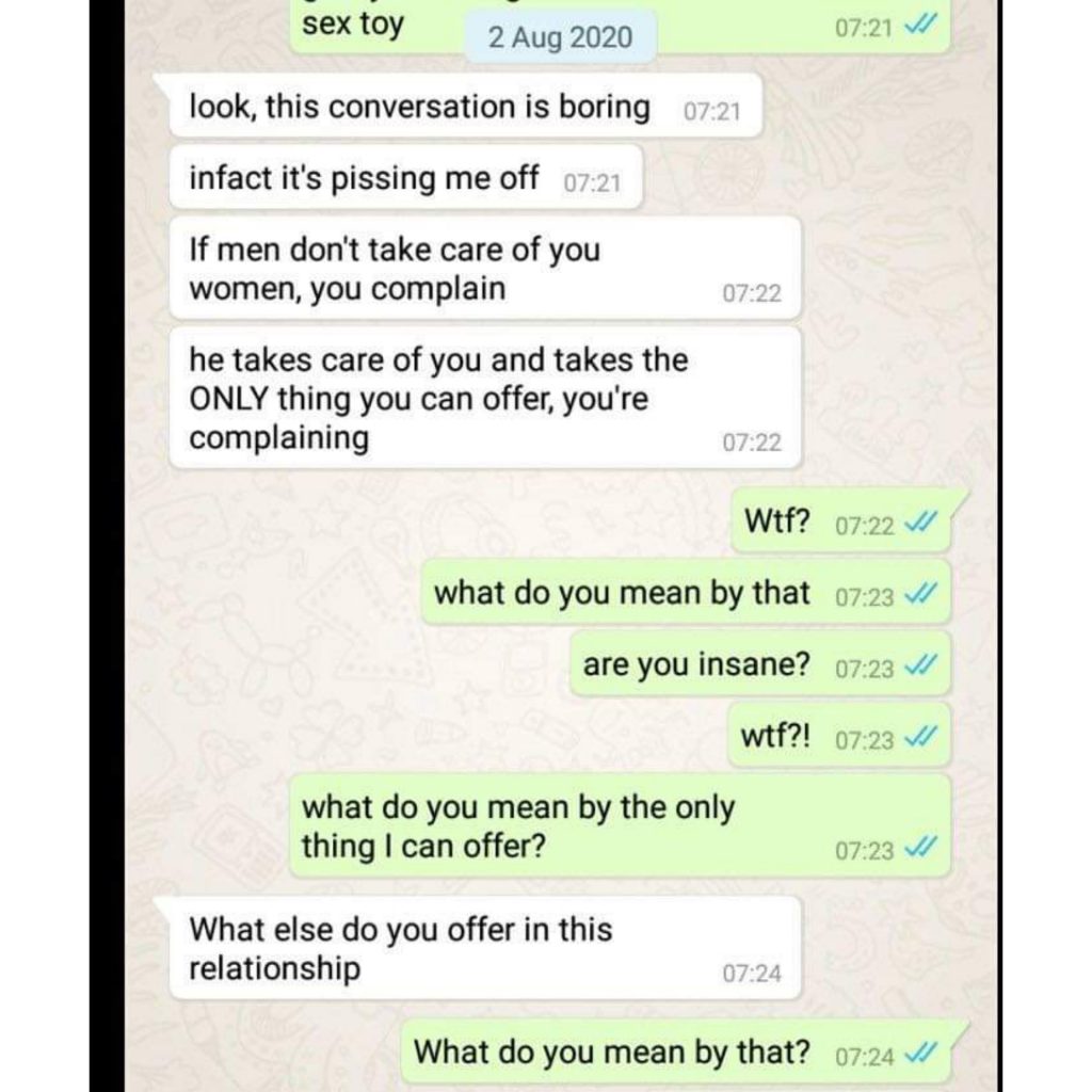 MAN FEELS IT IS HIS RIGHT TO ASK GF FOR SEX BECAUSE HE PAYS HER BILLS