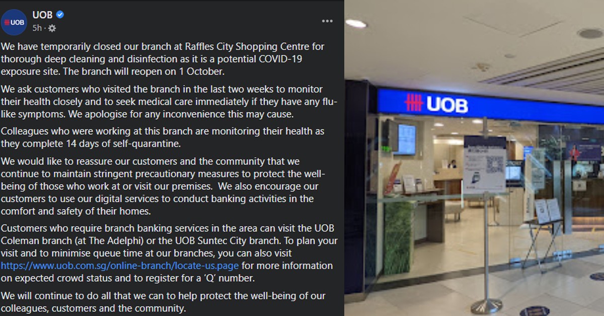 UOB RAFFLES CITY CLOSED FOR DISINFECTION POTENTIAL COVID 19