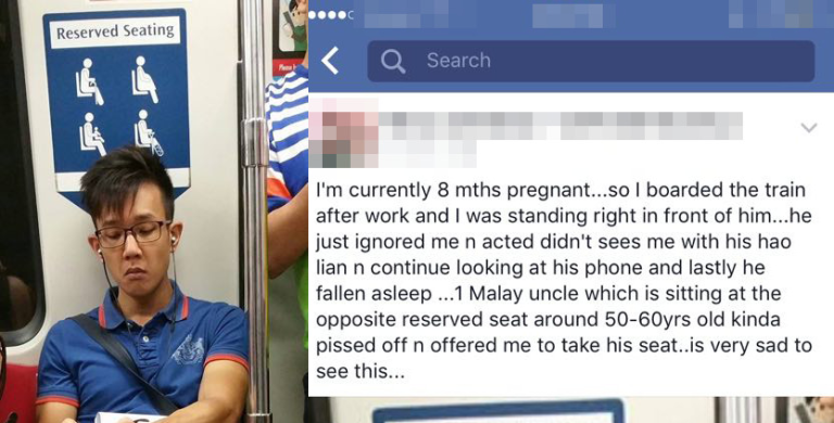 Young man lets a 8 month woman pregnant stand in MRT