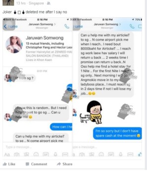 Random Thai Girl Message Singapore Men To Help Buy Airticket