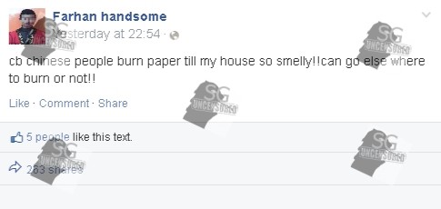 Malay guy say Chinese people burn incense paper till his house so smelly
