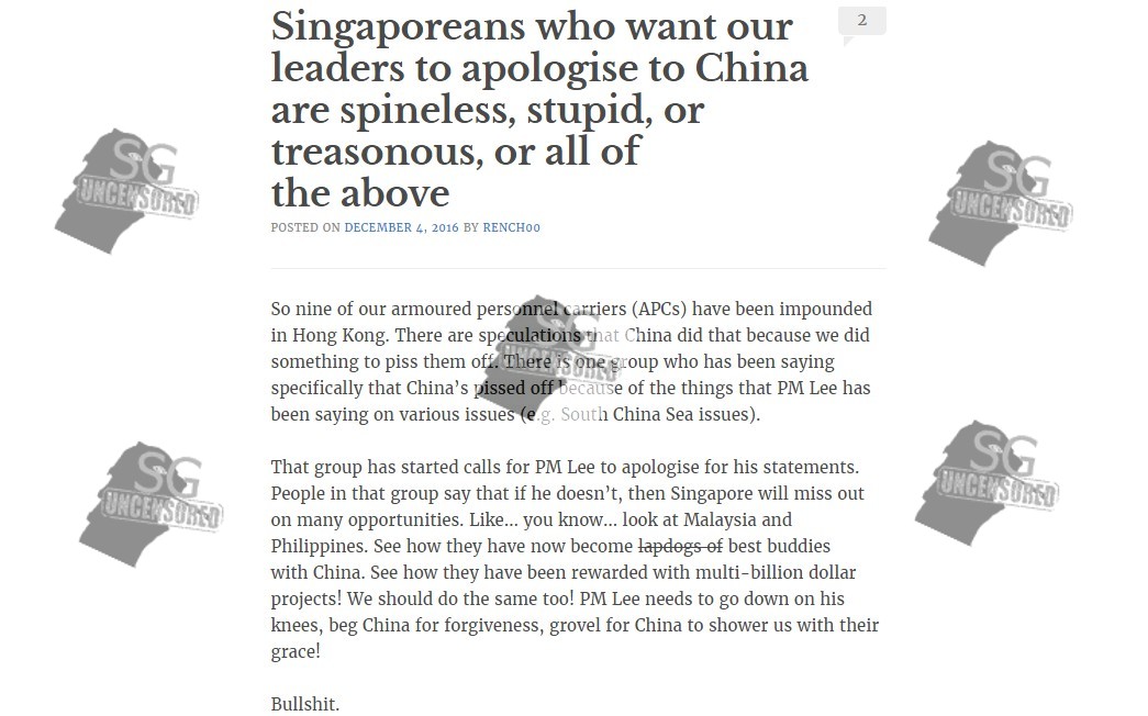 Guy Rants That Singaporean That Wants Apologizes To China Are Spineless