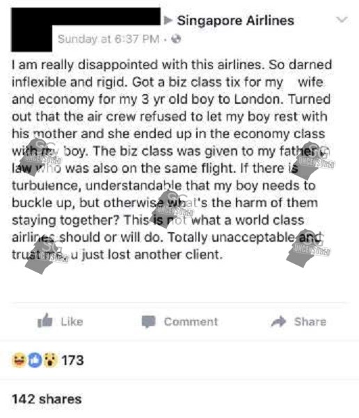 Cheapskate dad expect free upgrade of seat from SIA