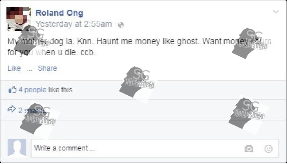 “My Mom Is A Dog. No Need Give Her Money La, Die then burn give her”