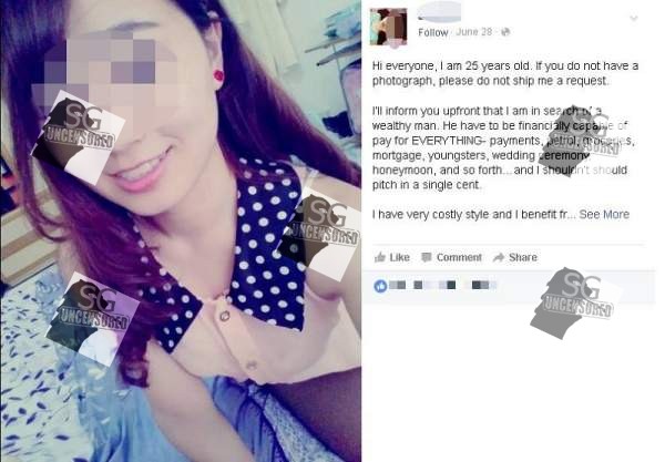 SG Girl Post On Facebook Looking For a Wealthy Man