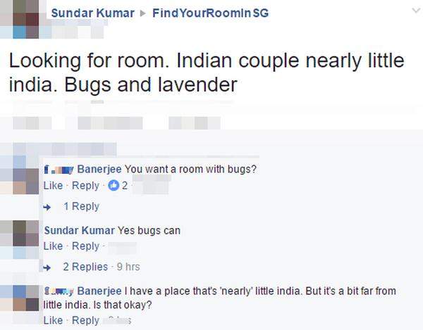 FT LOOKING FOR ROOM SPELLED “BUGIS” AS “BUGS”. NETIZEN THINKS HE WANT ROOM WITH BUGS