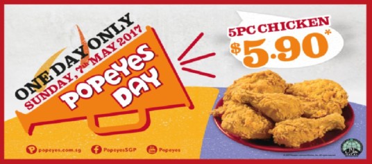 GOOD NEWS FOR POPEYE’S CHICKEN LOVER 5PCS FOR $5.90 ON 7.5.2017!!