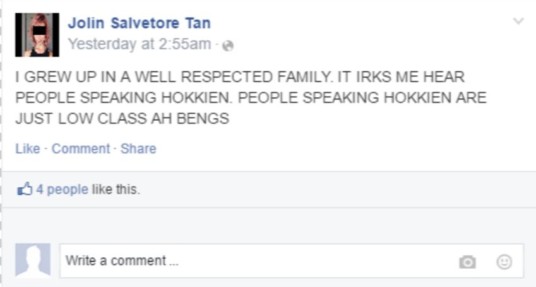 “ATAS” SG GIRL SAID “ANYONE THAT SPEAKS HOKKIEN IS A LOW CLASS AH BENG”