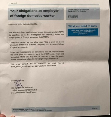 EMPLOYER HORRIFIED AFTER MOM ALLOWS ERRANT MAID TO CONTINUE WORKING IN S’PORE DESPITE OFFENCES