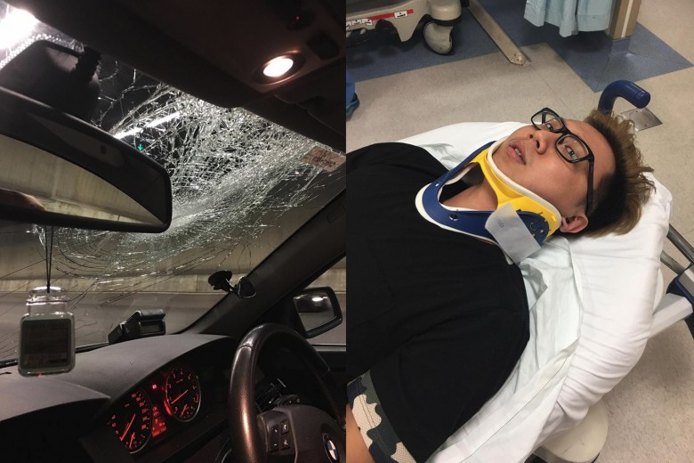CHAIR FALL ON CAR AT CTE. GLASS FRAGMENTS IN MAN’S THROAT!!!