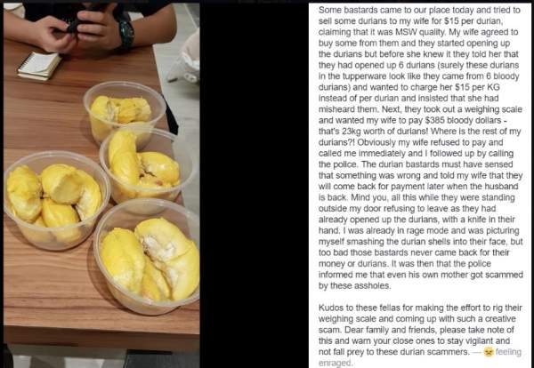 BEWARE! DOOR TO DOOR DURIAN SELLERS ASKING BUYER TO PAY $385 FOR DURIAN