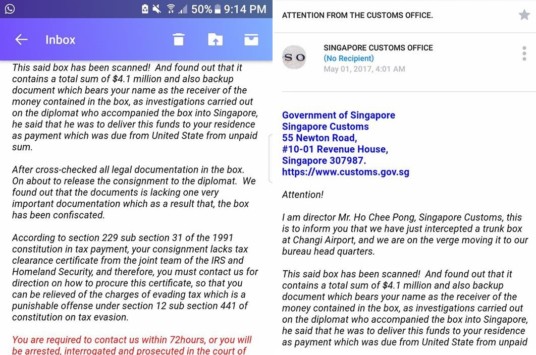 BEWARE! SCAM EMAILS CLAIMING TO BE SINGAPORE CUSTOM.
