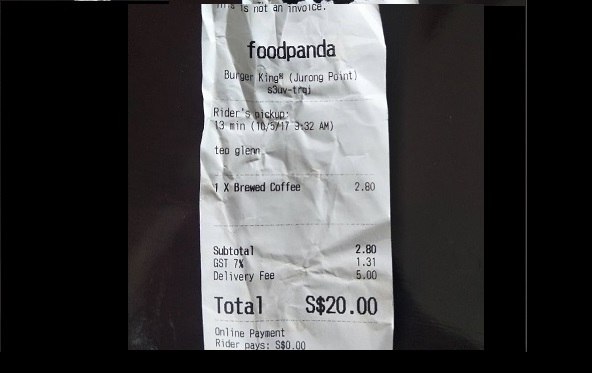 MAN PAID $20 FOR BURGER KING VIA FOODPANDA. END UP ONLY 1 COFFEE ARRIVED! 