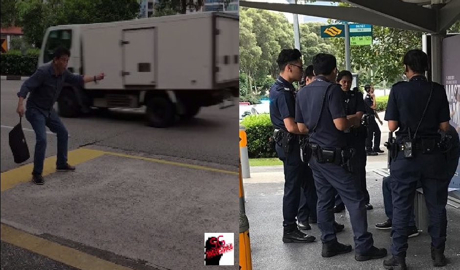 MAN TRIES TO STOP BUS ON ROAD. POLICE COME STOP HIM (VIDEO)