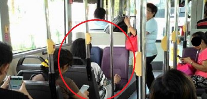LJ WOODLAND AUNTIE BLOCK 4 SEATS ON BUS WITH LEGS. REFUSE TO GIVE ELDERLY SIT.