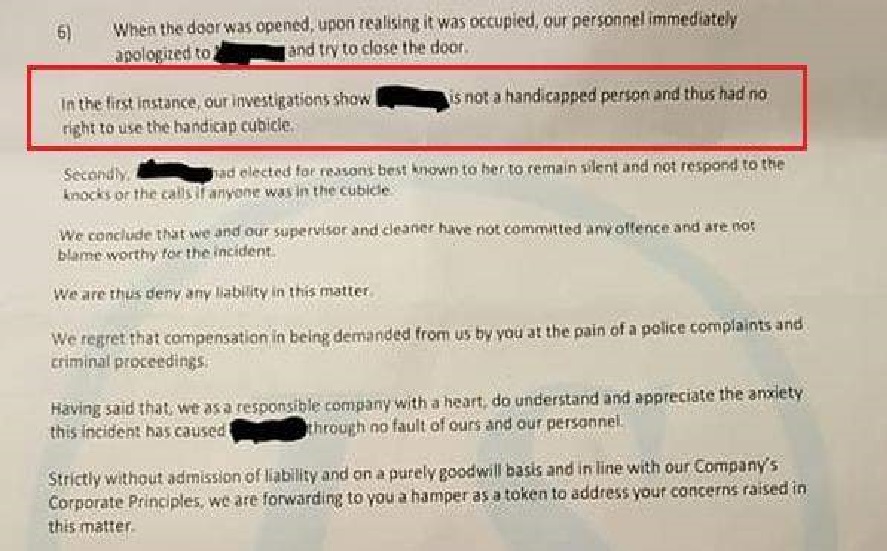 TOILET DOOR OPEN BY STAFF. AFTER BEING TOLD NON HANDICAP CANNOT USE HANDCAP TOILET!