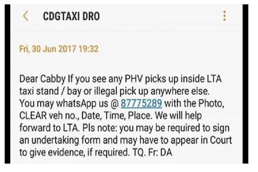 COMFORT DELGRO ENCOURAGE ITS DRIVERS TO REPORT PRIVATE HIRE VEHICLES.