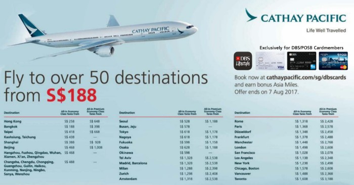 Exclusive airfares for DBS/POSB Cardmembers @Cathay Pacific. From 19 Jul – 7 Aug 17
