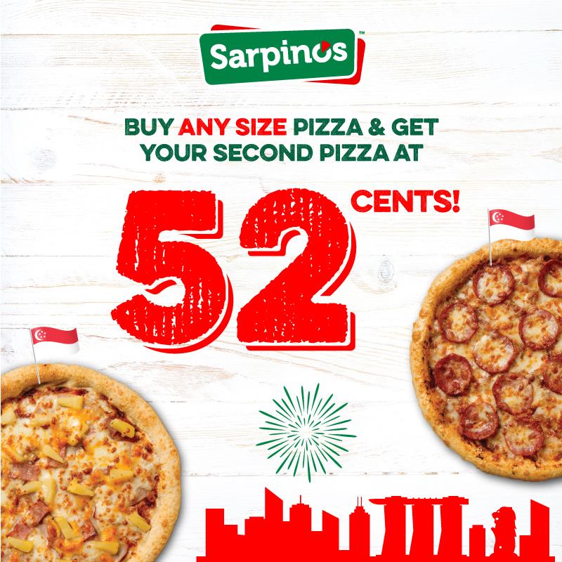 PIZZA LOVERS TAKE NOTE: BUY ANY SIZE PIZZA & GET YOUR SECOND PIZZA AT 52 CENTS @ SARPINO’S PIZZA