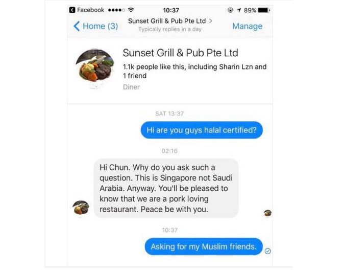 CUSTOMER ASKED IF HALAL CERTIFIED. RESTAURANT RESPONDED ‘THIS IS NOT SAUDI ARABIA’