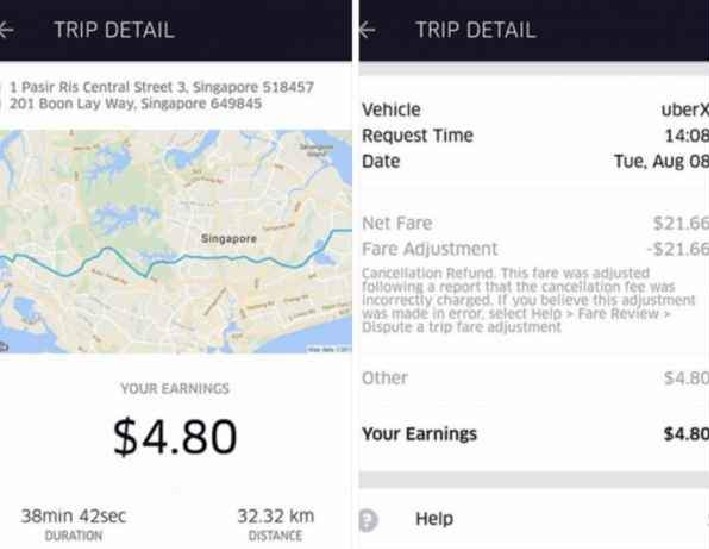 UBER DRIVER LOST $21 AFTER NSF COMPLAINS POOR ROUTE. PASIR RIS TO JURONG $4.80