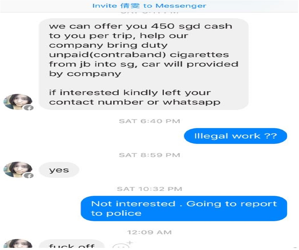 NETIZEN CLAIMS HE GETS JOB OFFER TO SMUGGLE IN CIGARETTES FROM JB ON FACEBOOK!