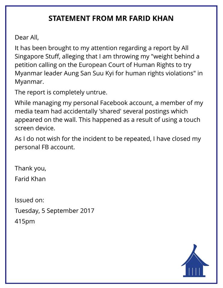 STATEMENT FROM MR FARID KHAN REGARDING REPORT BY ALL SINGAPORE STUFF!