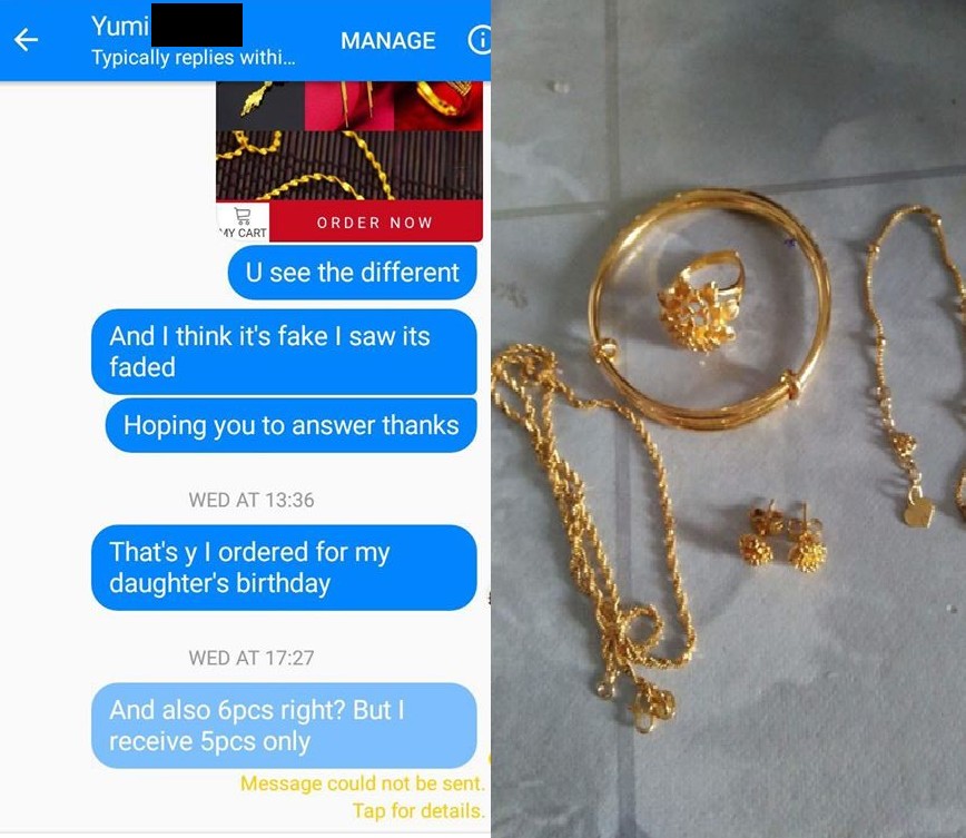WOMAN BOUGHT GOLD ONLINE SUSPECTED TO BE FAKE. BLOCKS CUSTOMER WHEN QUESTIONED