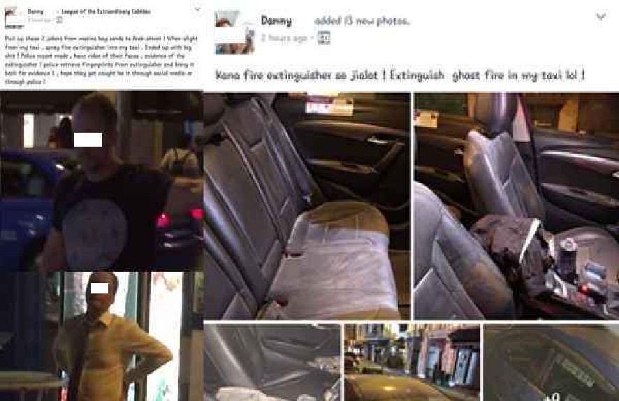 C*B ANG MOH SPRAY FIRE EXTINGUISHER INTO TAXI FOR FUN. TAXI NO NEED EARN FOR THE DAY