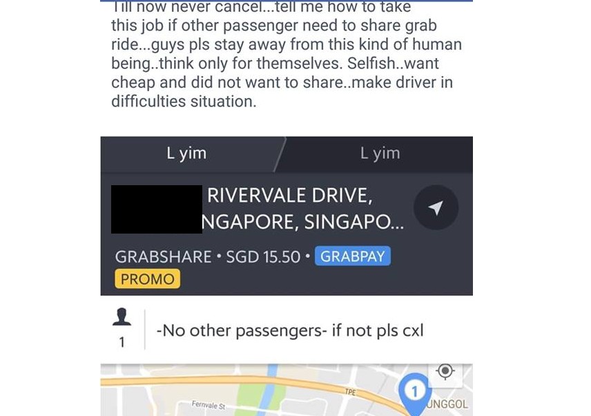 RETARD BOOK GRAB SHARE BUT SAID “NO OTHER PASSENGERS IF NOT PLS CANCEL”