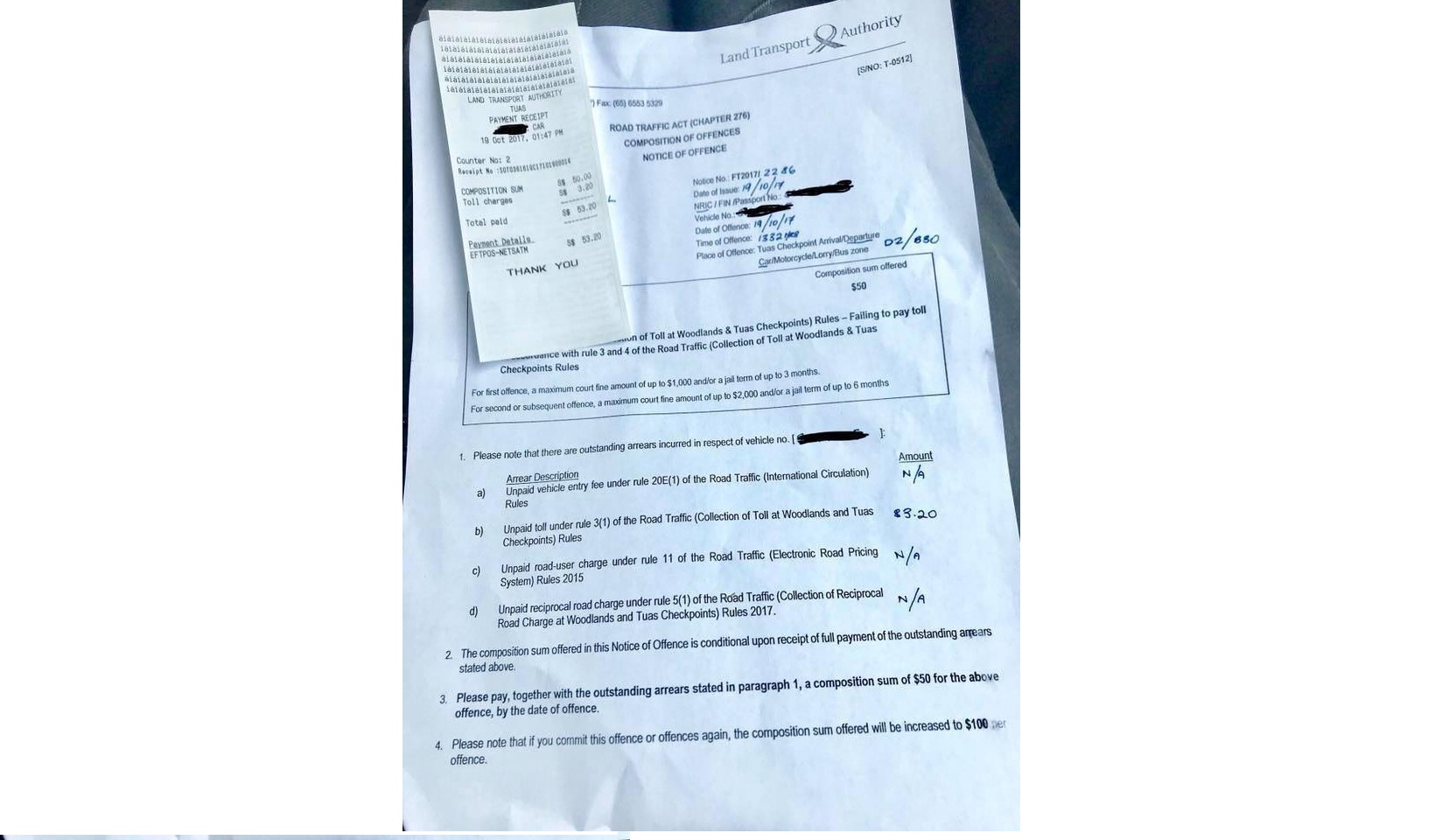 NETIZEN GET FINE $53.20 AFTER HE FORGOTTEN TO PAY TOLL AT TUAS CHECKPOINT!