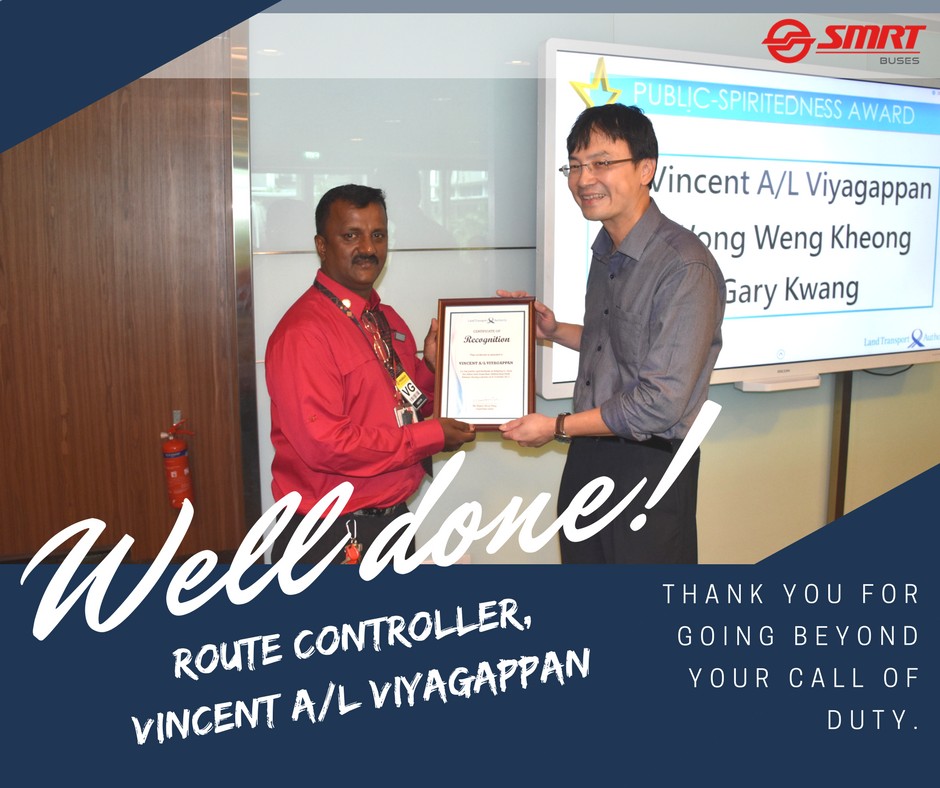 SMRT ROUTE CONTROLLER WENT BEYOND HIS CALL OF DUTY TO CLEAR A TREE BRANCH FROM THE ROAD!