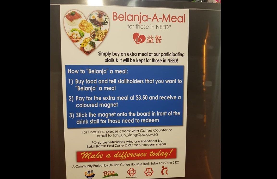 BELANJA-A- MEAL FOR THOSE IN NEED! A NEW INITIATIVE BY BUKIT BATOK EAST ZONE RC AND DE TIAN COFFEE SHOP!