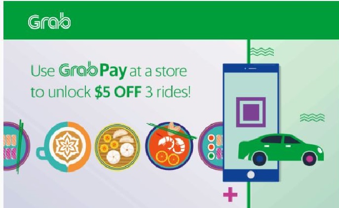 GRAB PROMO $5 OFF 3 RIDES WHEN YOU USE GRABPAY TO MAKE IN STORE PAYMENT OF AT LEAST $3 FROM 15-19 JAN AT SELECTED FOOD OUTLETS!