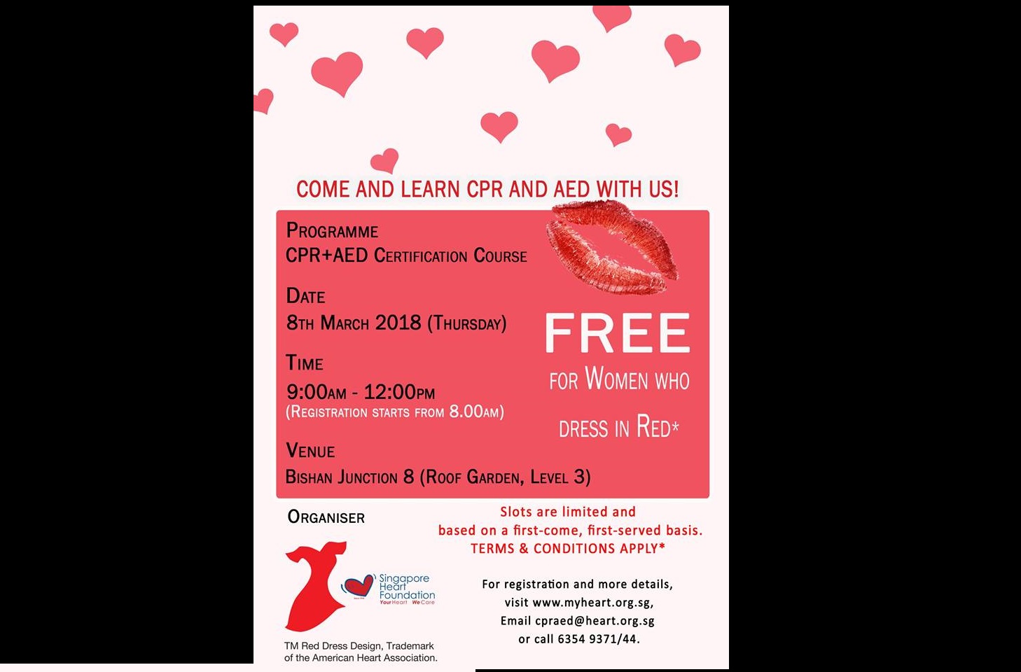 SHF is offering a FREE CPR+AED certification course on 8 March for ladies only dressed in red! SHF is offering a FREE CPR+AED certification course on 8 March for ladies only dressed in red!