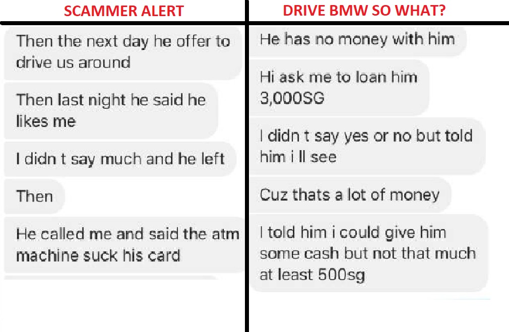 FOREIGN WOMAN ALMOST CHEATED $3000 BY SG MAN THAT DROVE A BMW