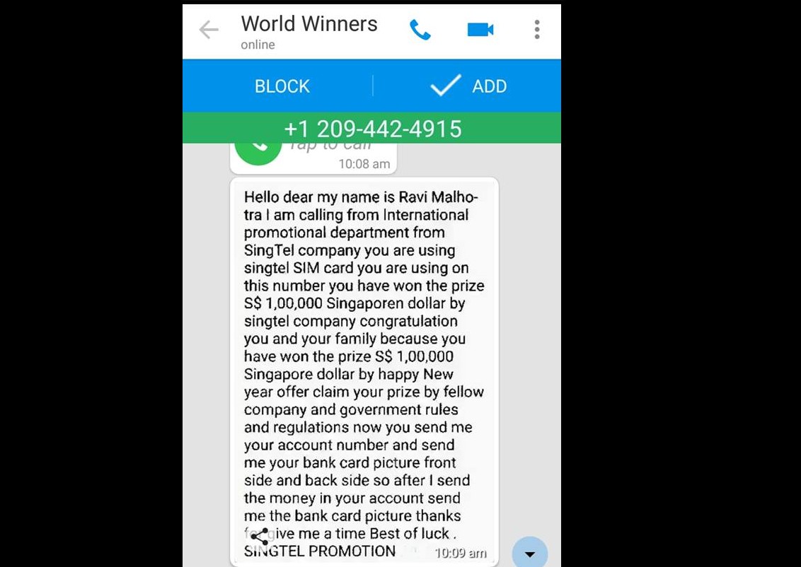 BEWARE! SMS TEXT SCAMMERS CLAIMING FROM SINGTEL