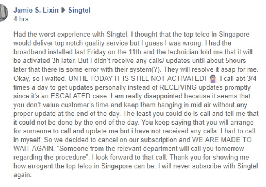 NETIZEN CLAIMS SINGTEL IS ARROGANT DESPITE BEING TOP TELECO