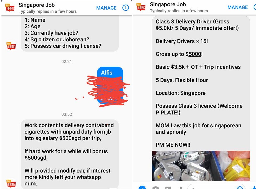 JOBS ON FACEBOOK ASKING FOR DELIVERY OF CONTRABAND CIGARETTES