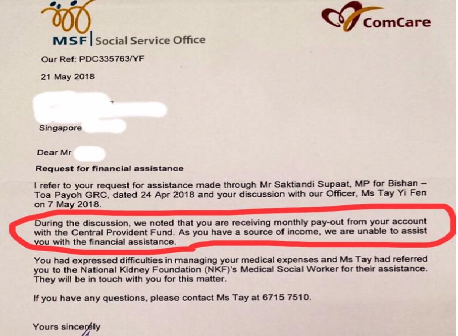 BLIND MAN CANNOT GET HELP BECAUSE CPF CONSIDER AS INCOME