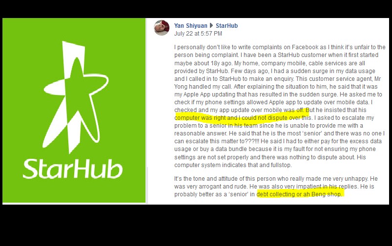 FEEDBACK: “STARHUB CUSTOMER SERVICE RUDE LIKE AH BENG”