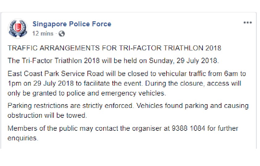 EAST COAST PARK SERVICE ROAD WILL BE CLOSED ON SUNDAY