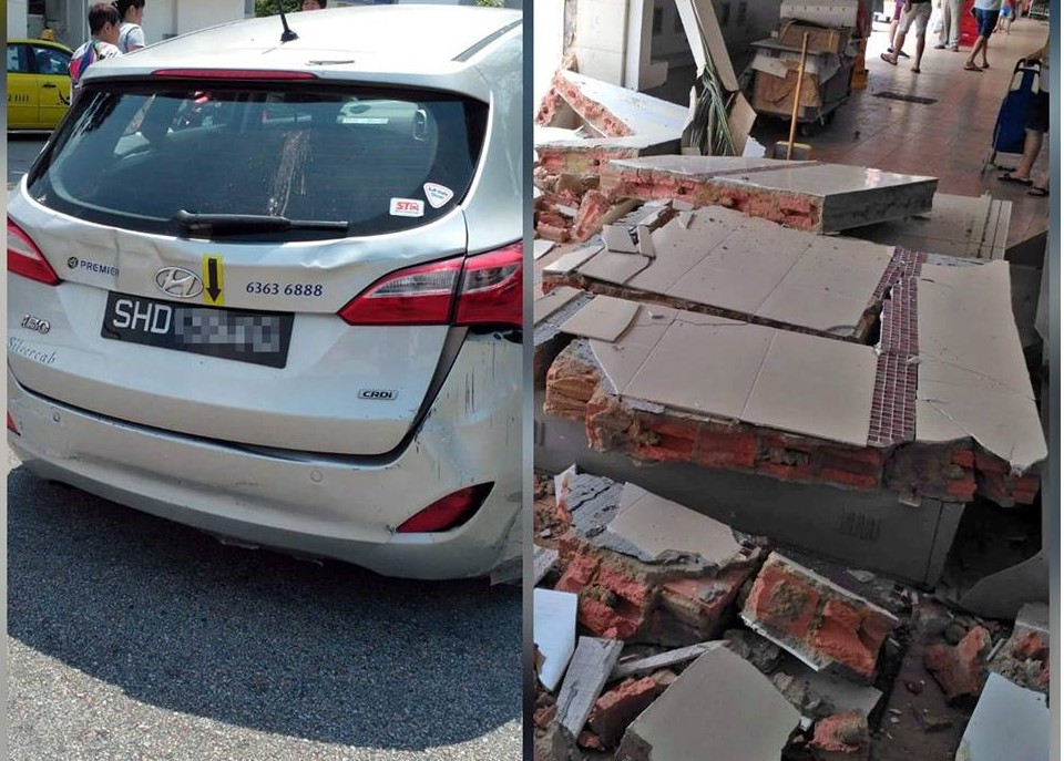 TAXI REVERSE HIT WALL @ BEDOK! WALL COLLAPSED SIA! TAXI TANK?