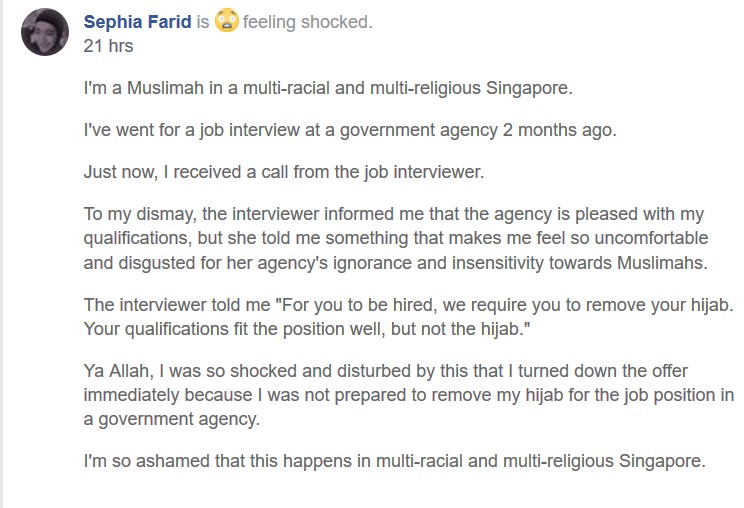 SINGAPOREAN TOLD TO REMOVE HIJAB TO GET THE JOB