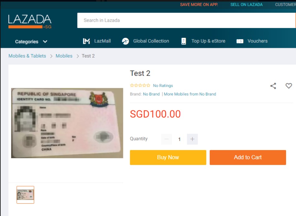 SOMEONE POSTED SINGAPORE NRIC CARD ON LAZADA FOR $100