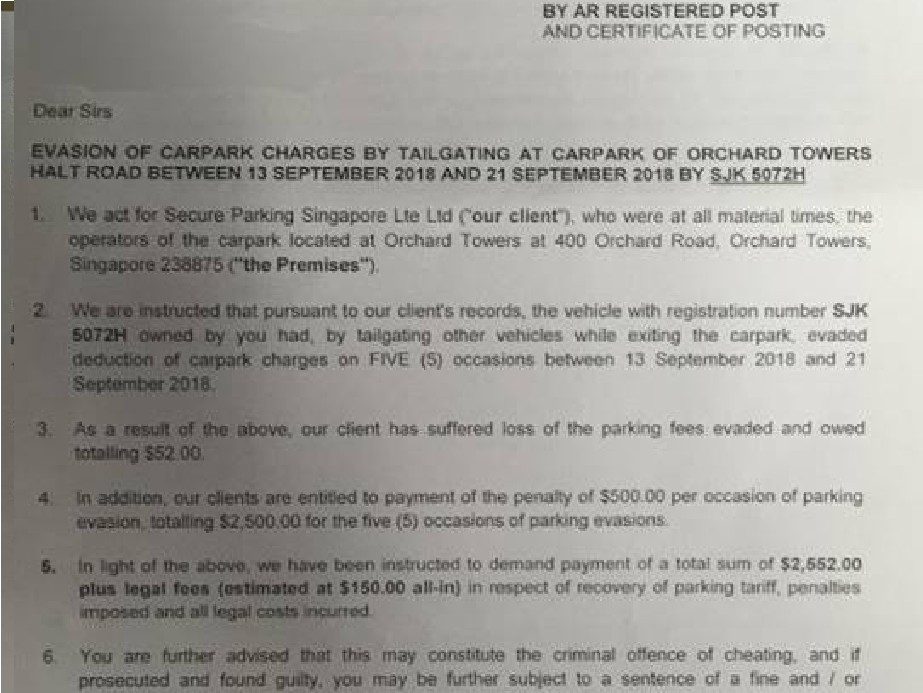 GUY GETS LEGAL LETTER OF $2552 FOR EVADING PARKING FEE