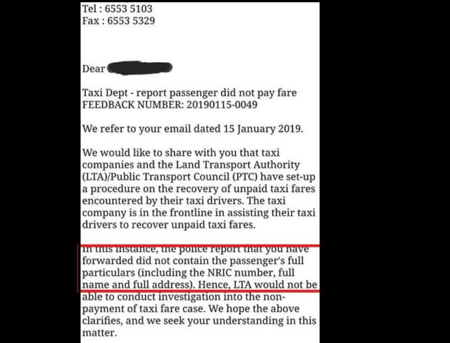TAXI COMPANY: “NO TAKE NRIC OF PASSENGER THEN CANNOT INVESTIGATE”