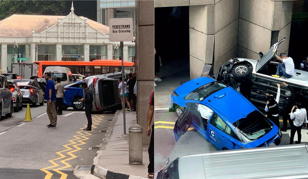 TAXI & CAR CRASH NEAR RAFFLES PLACE MRT, CAR KNOCKED OVER