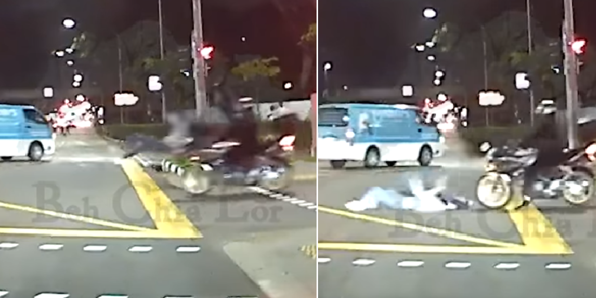 MOTORBIKE SEND PEDESTRIAN FLYING AT SERANGOON ROAD JUNCTION