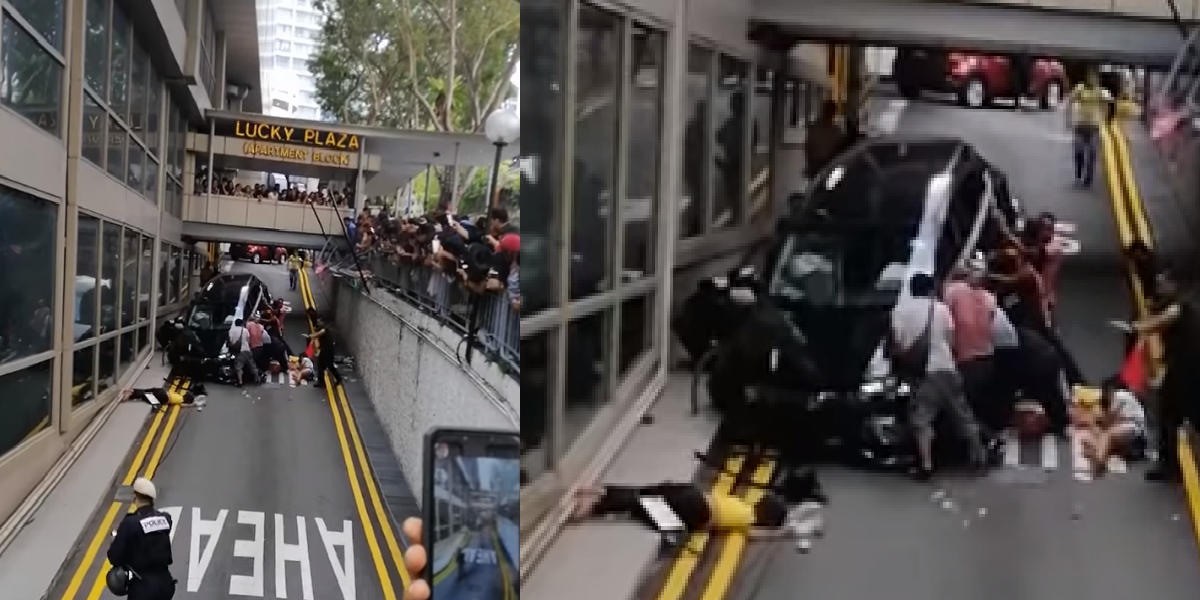 CAR CRASHED THROUGH LUCKY PLAZA RAILING, ONE TRAP UNDER CAR